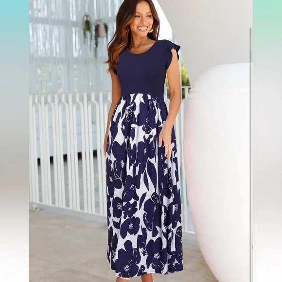 Elegant Navy Floral Maxi Dress Maturnity - Picture 3 of 6